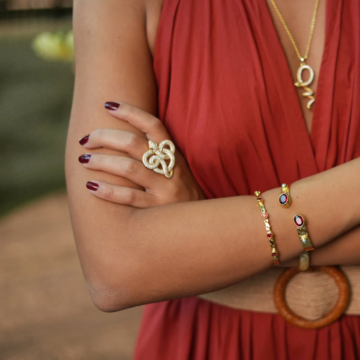 Cleopatra Ruby & Pearl Adjustable Gold Cuff Bracelet