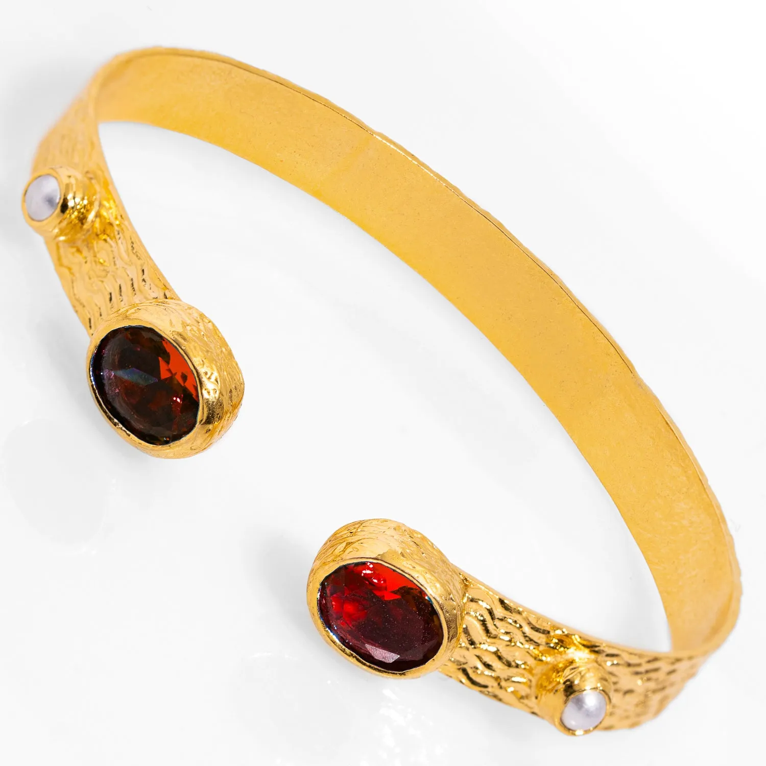Cleopatra Ruby & Pearl Adjustable Gold Cuff Bracelet