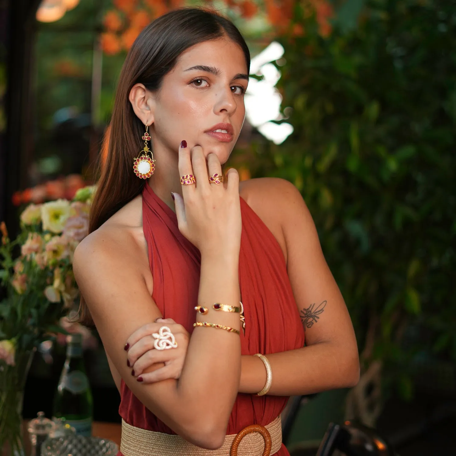 Cleopatra Ruby & Pearl Adjustable Gold Cuff Bracelet