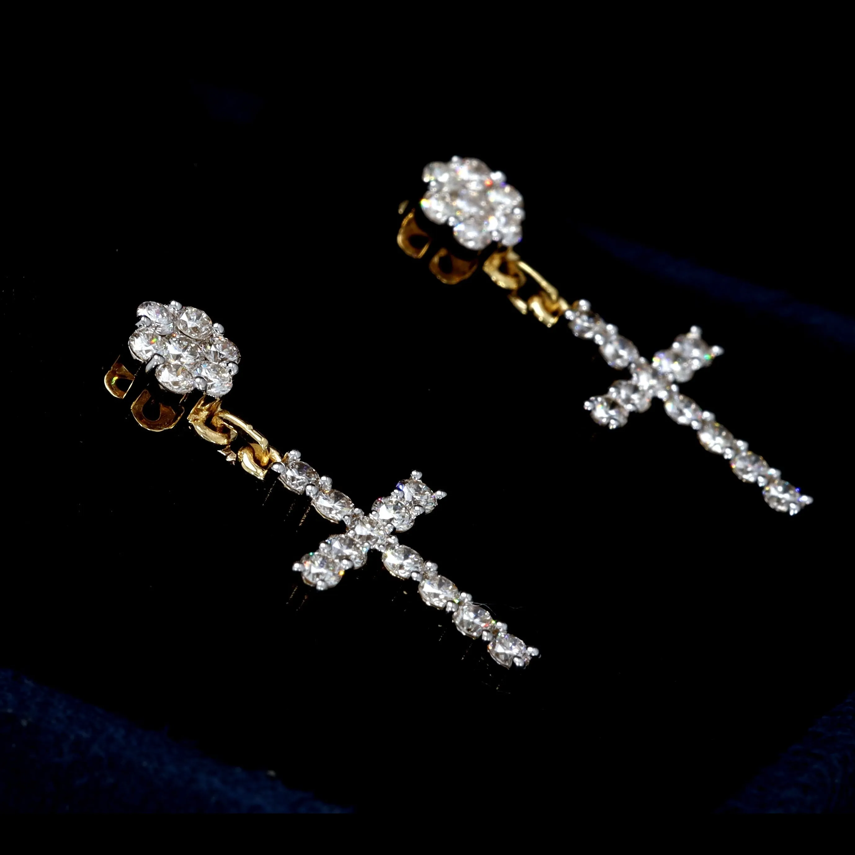 Cluster Dangling Cross Diamond Earrings Solid 14K Gold