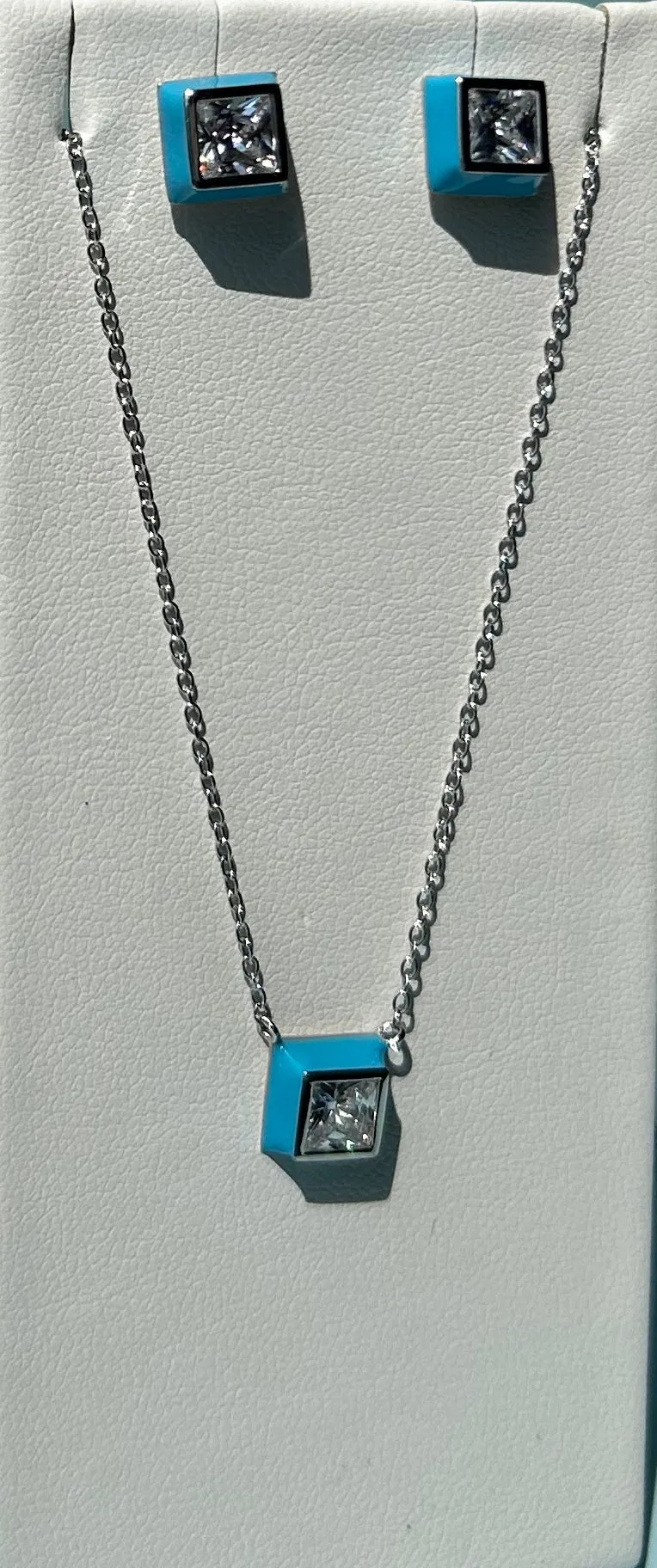 Crislu Platinum Glaze Blue Enamel Square Solitaire Necklace