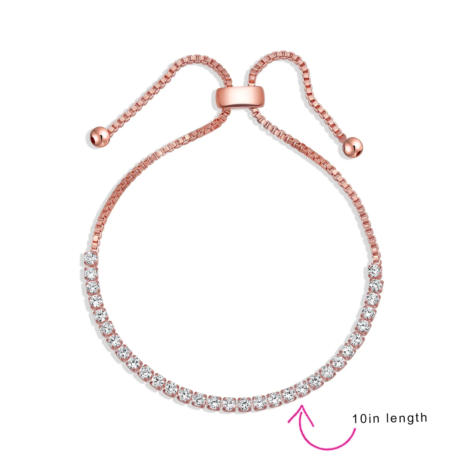 Cubic Zirconia CZ Slide Bolo Style Tennis Bracelet Rose Gold Plated Adjustable