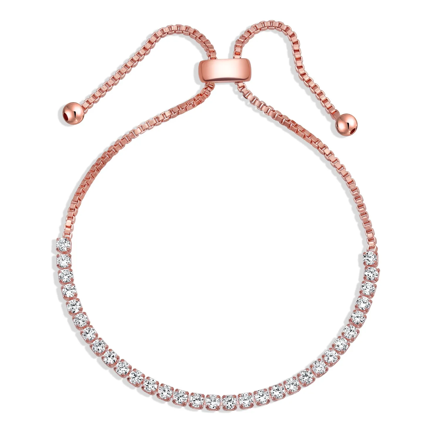 Cubic Zirconia CZ Slide Bolo Style Tennis Bracelet Rose Gold Plated Adjustable