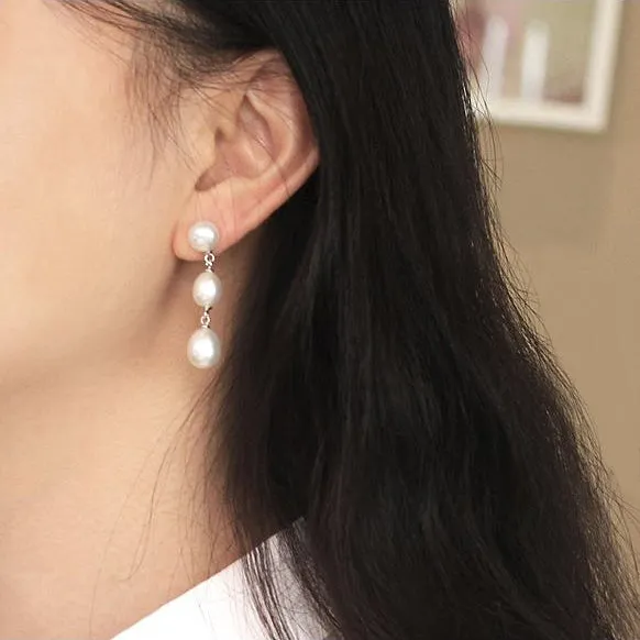 Dangling Trio Pearl Earrings in 925 Silver