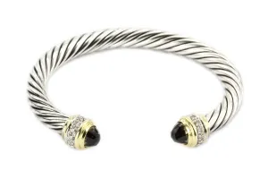 David Yurman 925 & 18K Smoky Quartz & Diamond Cable Cuff Bracelet