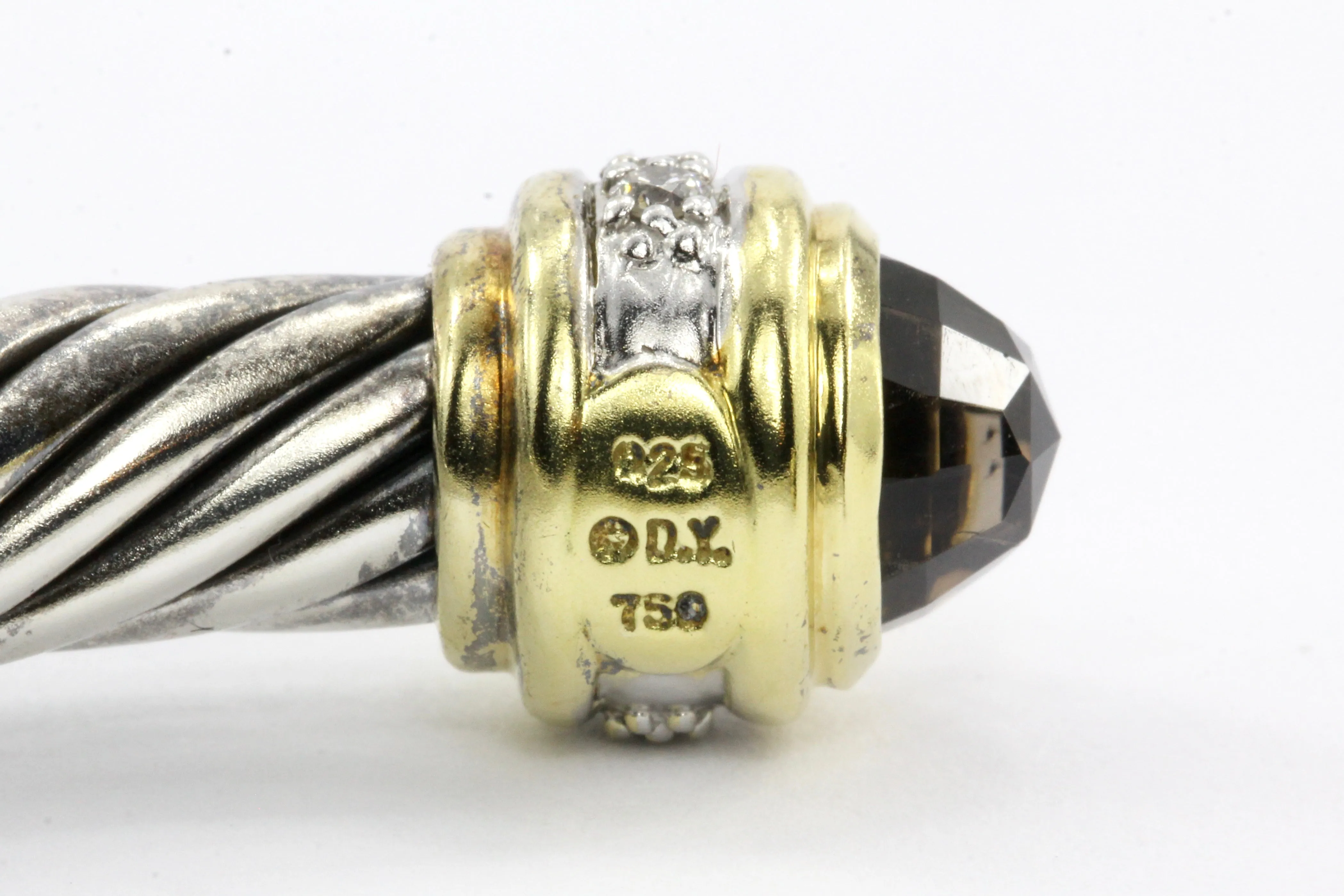 David Yurman 925 & 18K Smoky Quartz & Diamond Cable Cuff Bracelet