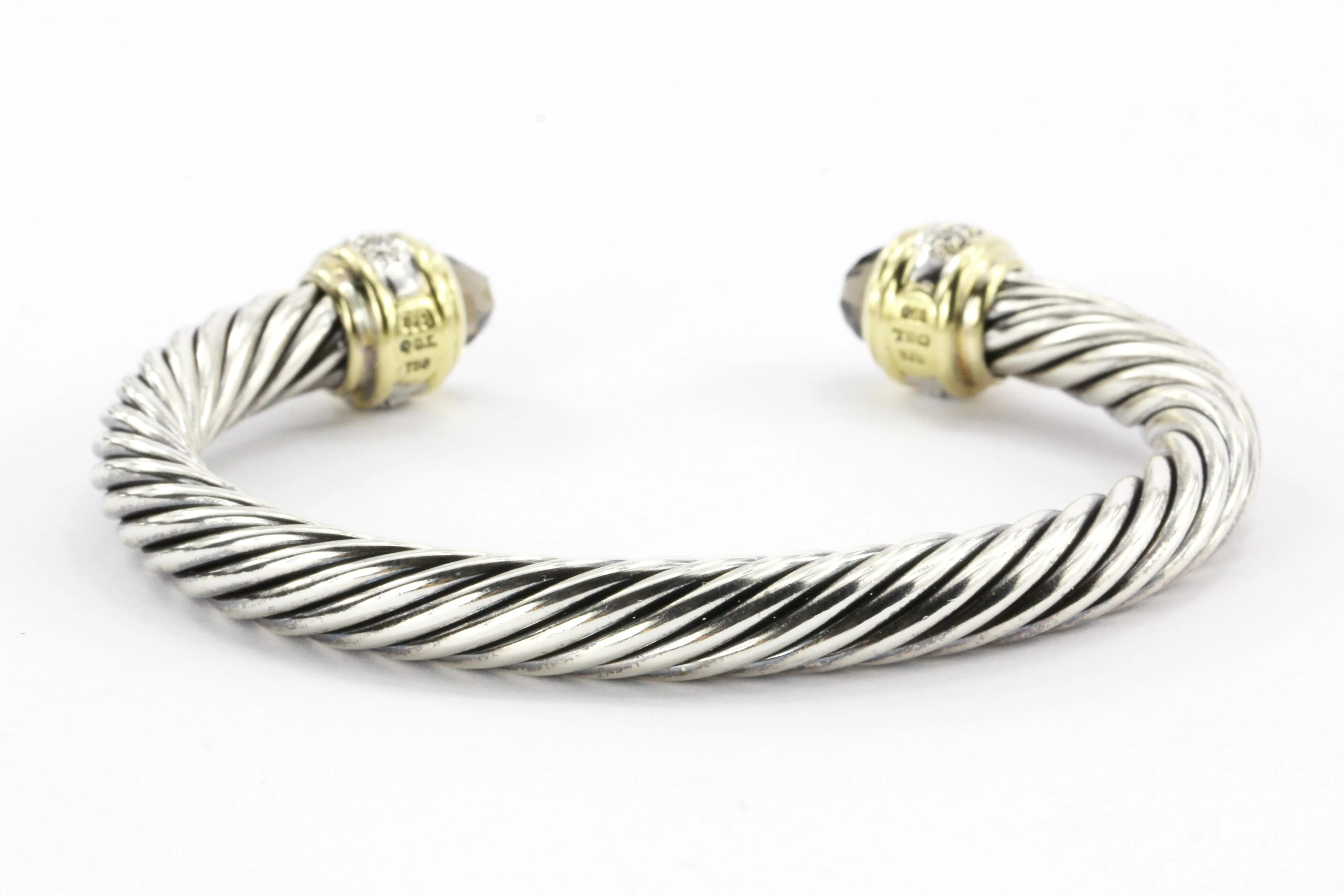 David Yurman 925 & 18K Smoky Quartz & Diamond Cable Cuff Bracelet