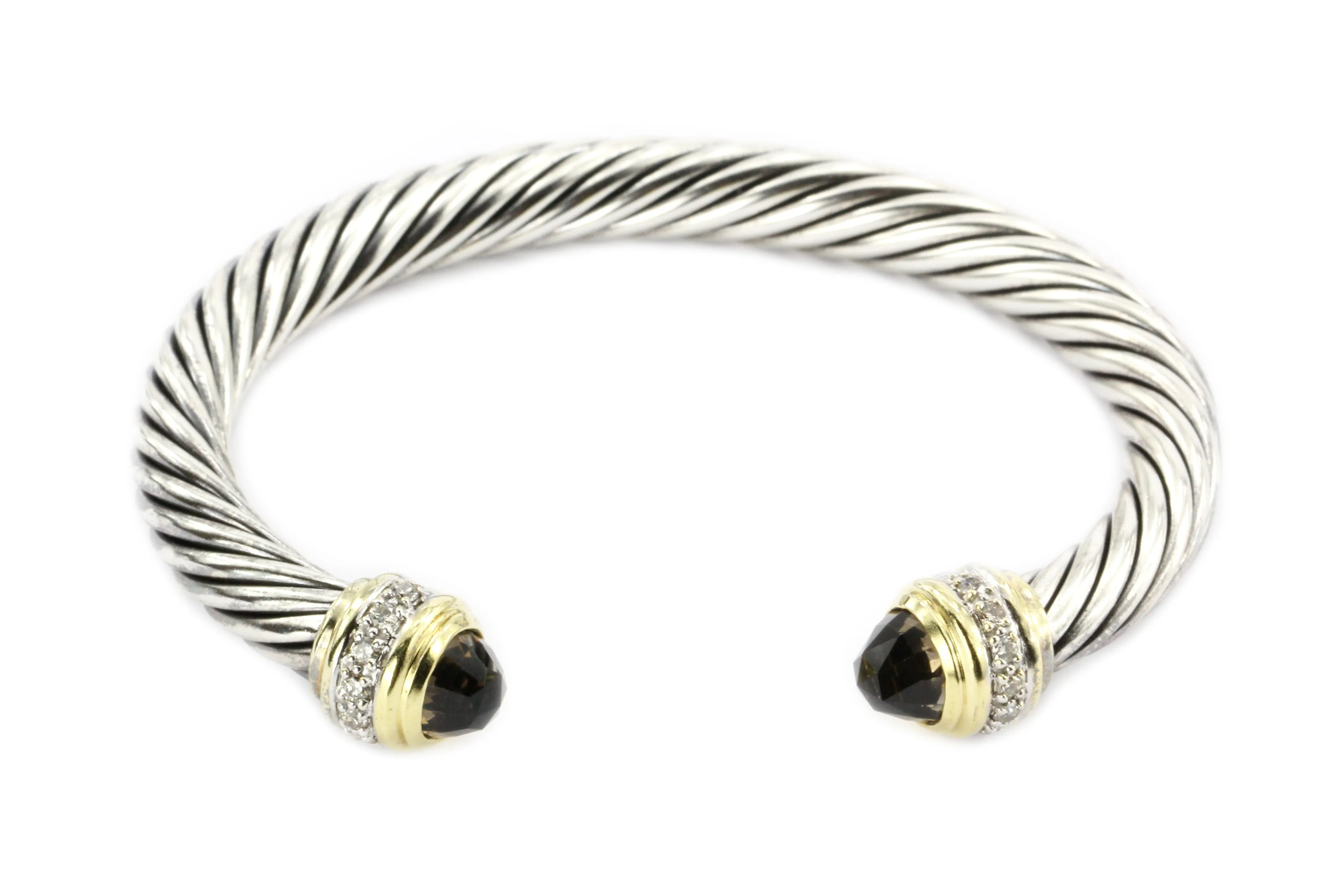 David Yurman 925 & 18K Smoky Quartz & Diamond Cable Cuff Bracelet