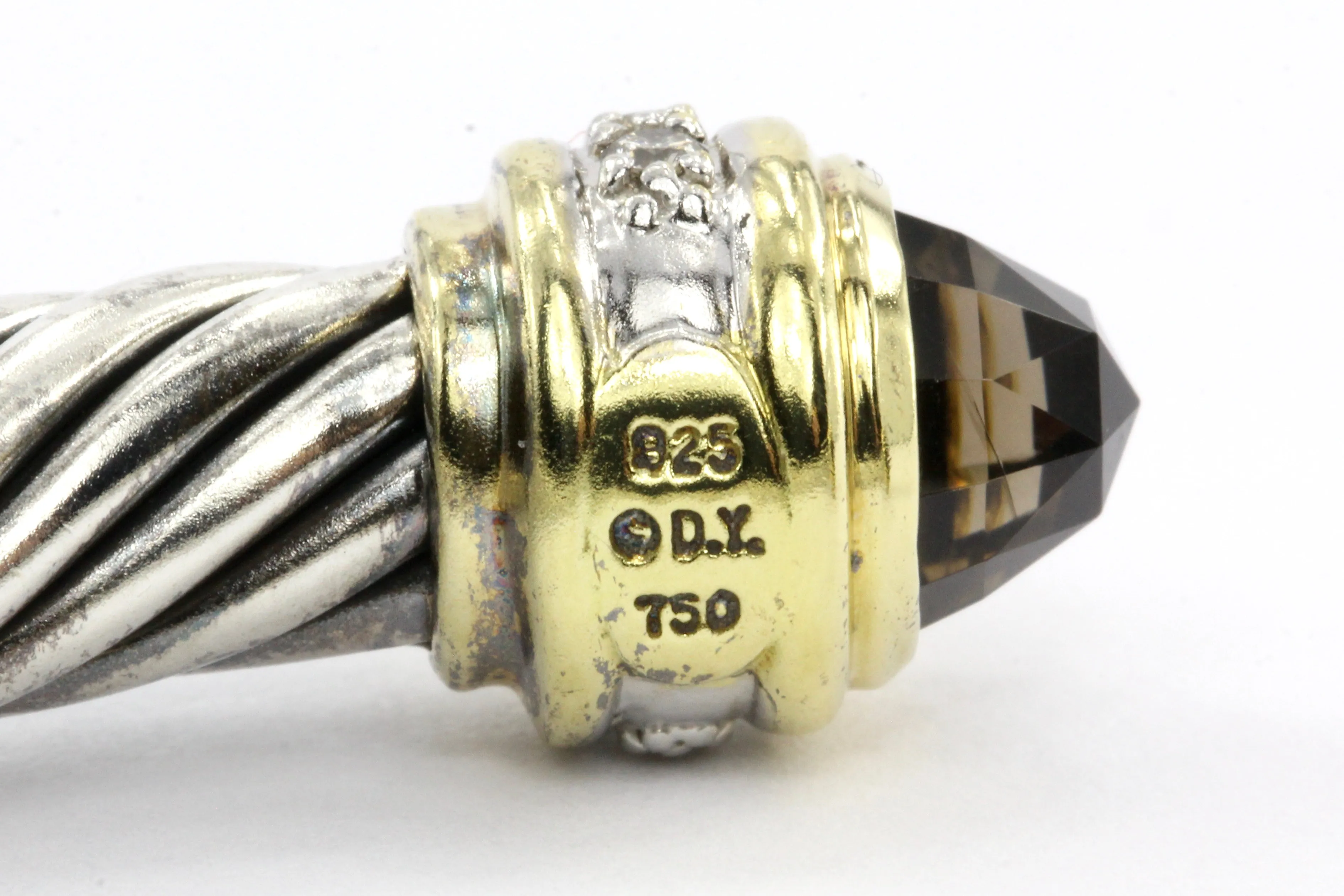 David Yurman 925 & 18K Smoky Quartz & Diamond Cable Cuff Bracelet