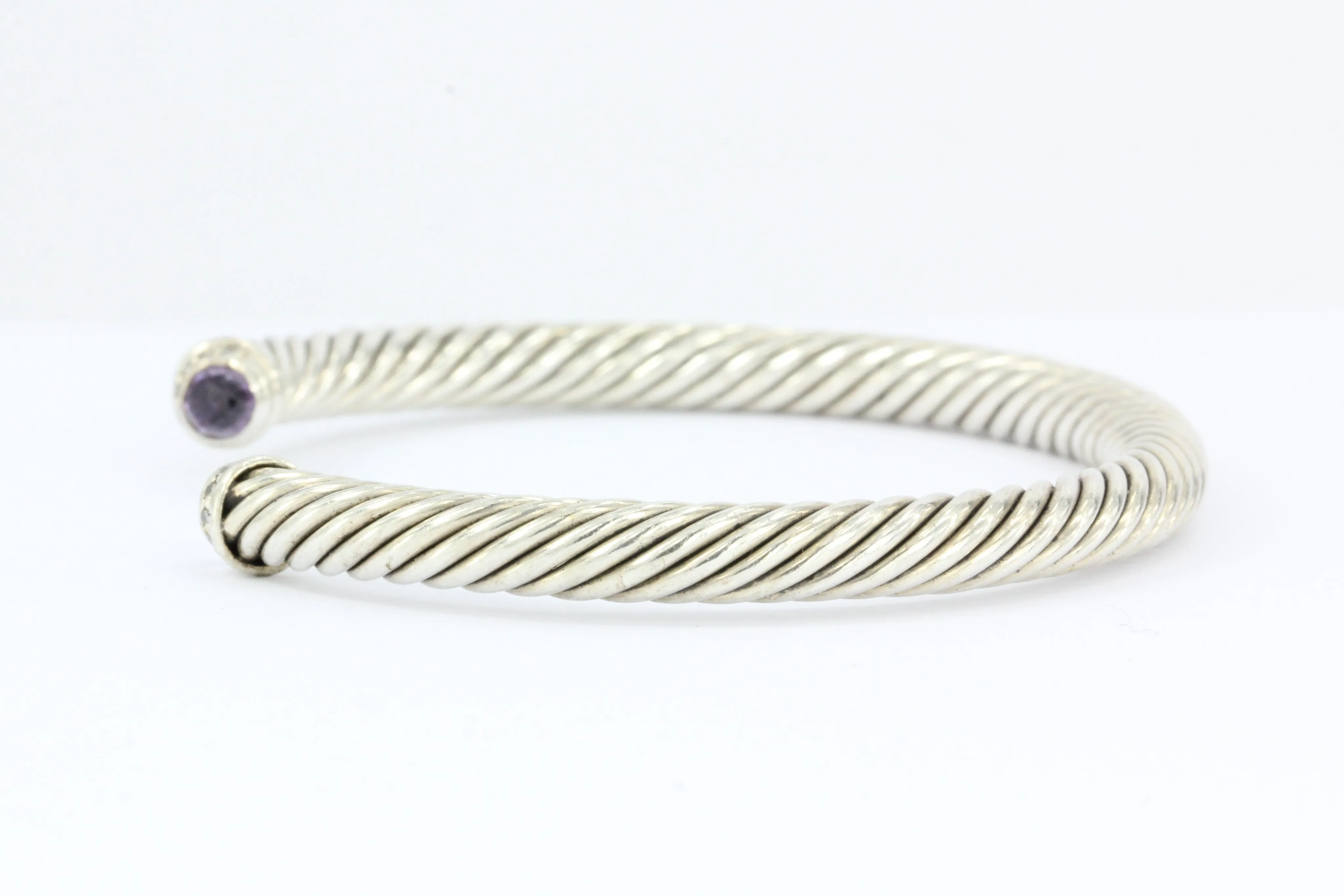 David Yurman Sterling Silver Amethyst & Diamond 5mm Cable Cuff Bracelet