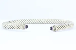 David Yurman Sterling Silver Amethyst & Diamond 5mm Cable Cuff Bracelet