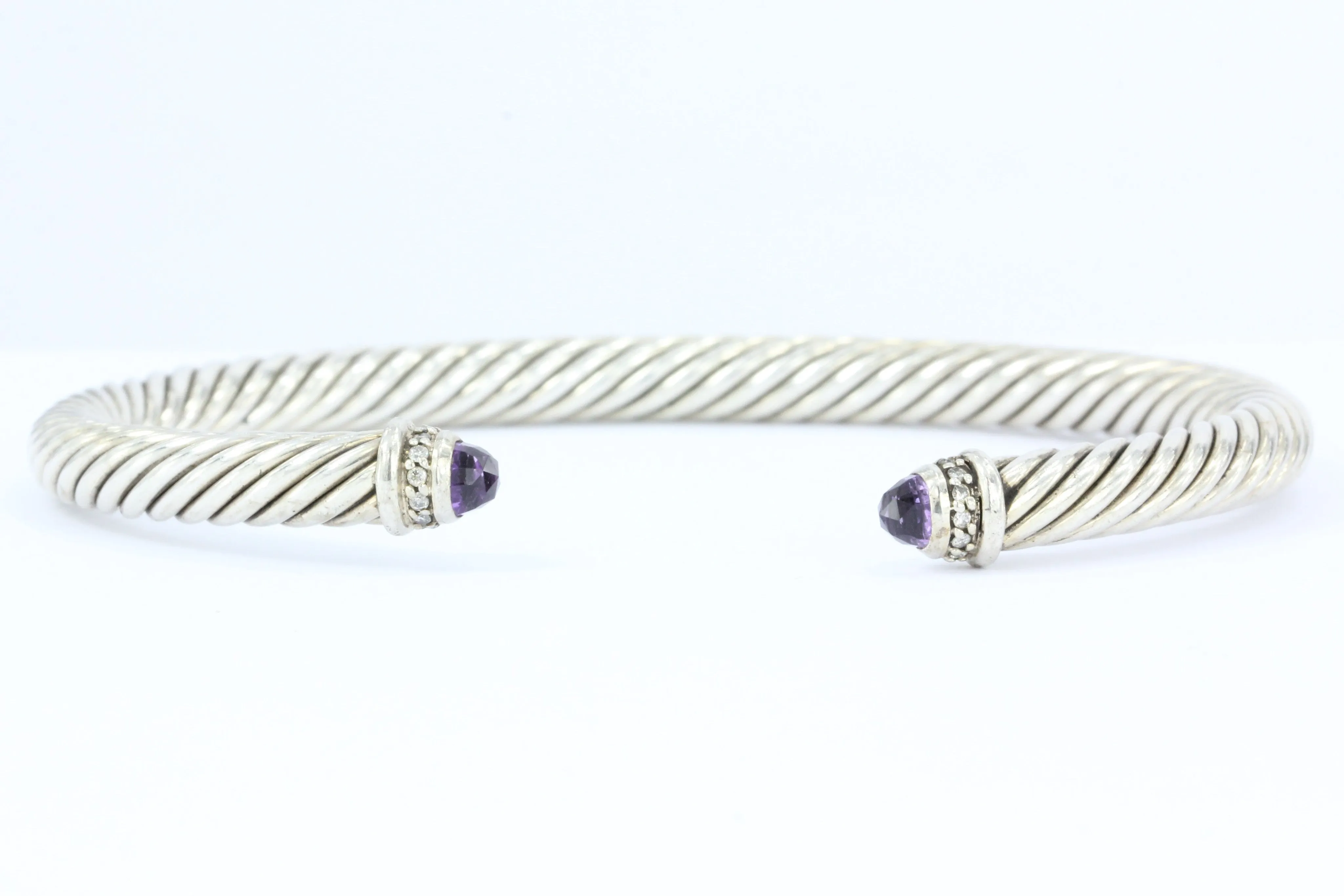 David Yurman Sterling Silver Amethyst & Diamond 5mm Cable Cuff Bracelet