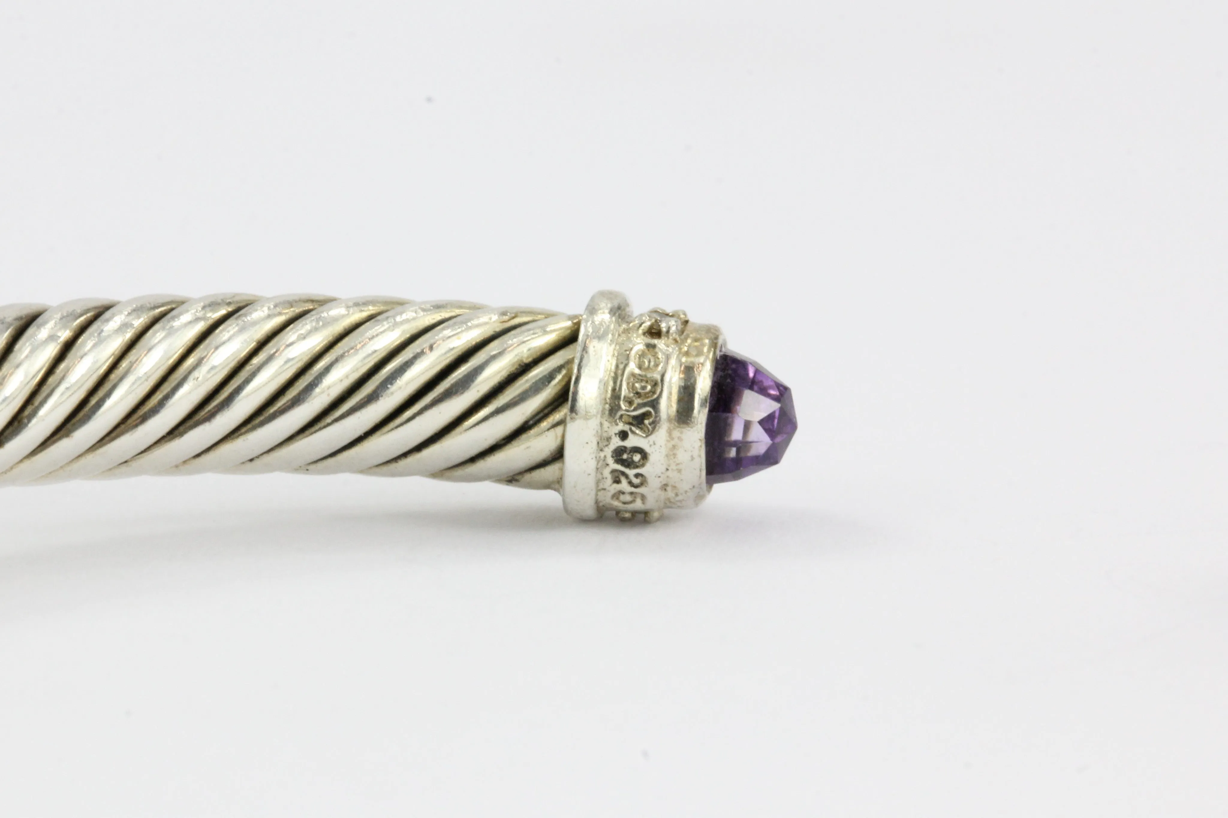 David Yurman Sterling Silver Amethyst & Diamond 5mm Cable Cuff Bracelet
