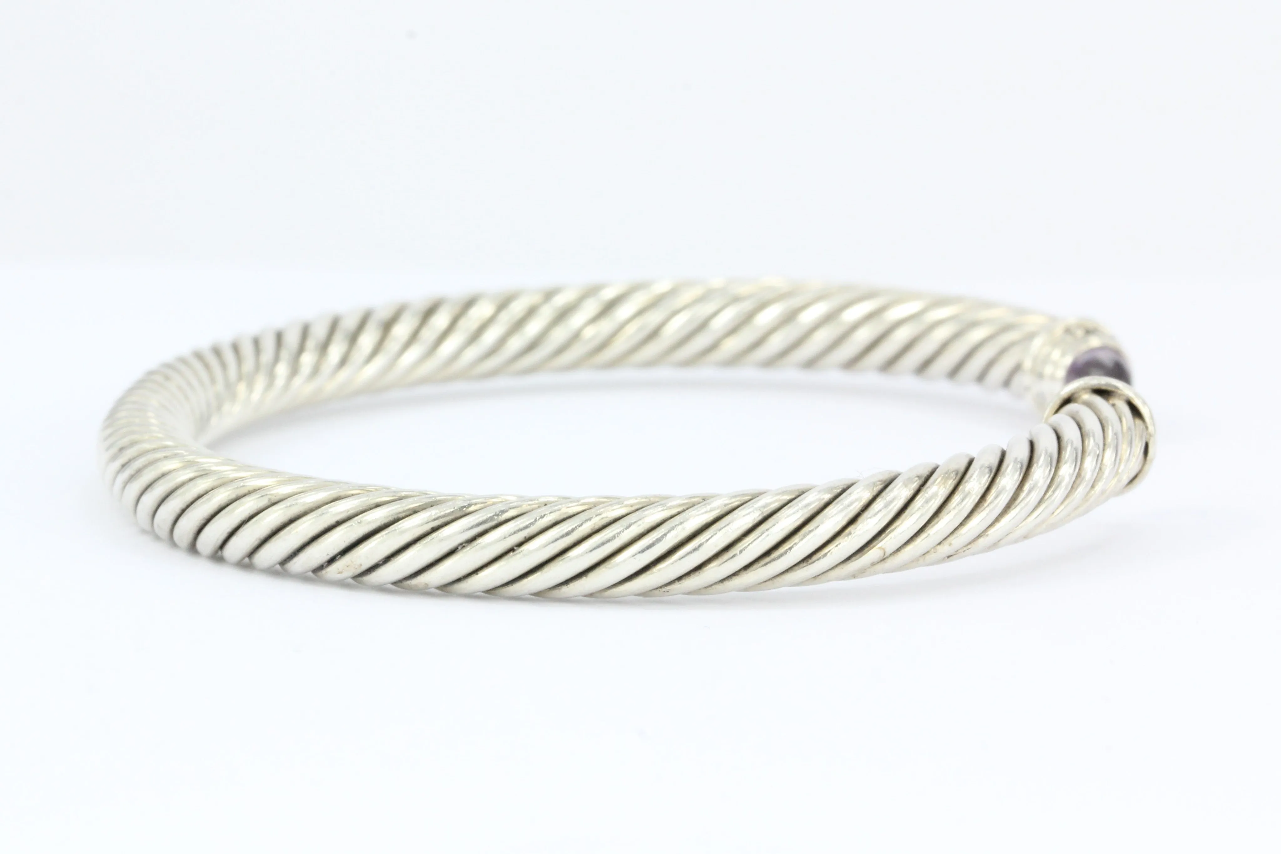 David Yurman Sterling Silver Amethyst & Diamond 5mm Cable Cuff Bracelet