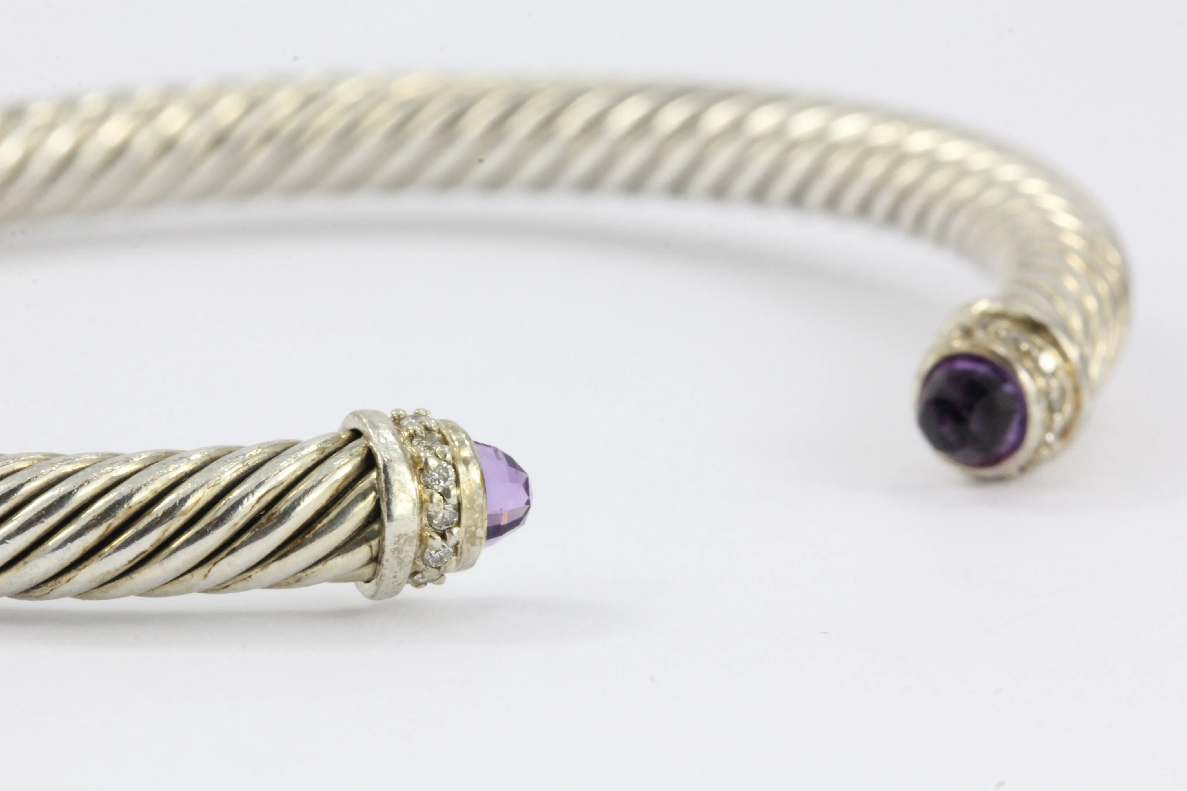 David Yurman Sterling Silver Amethyst & Diamond 5mm Cable Cuff Bracelet