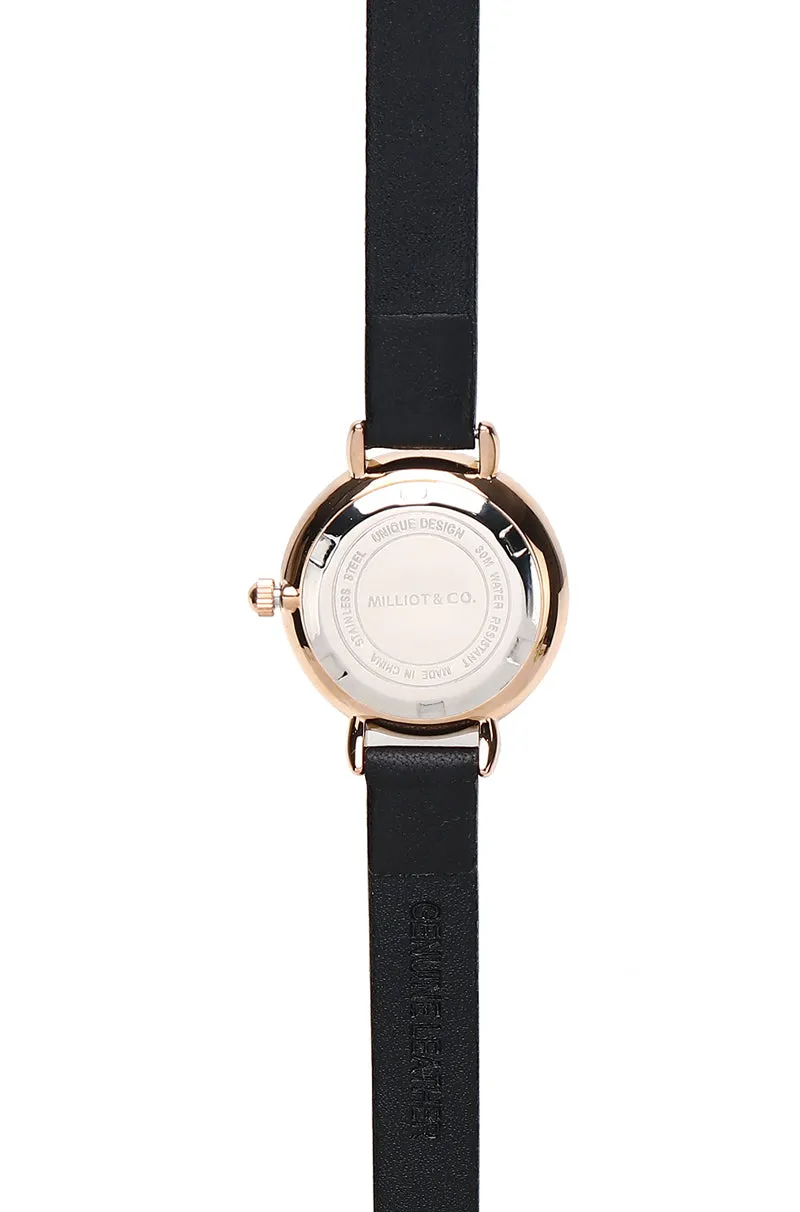 Denise Rose Gold Leather Strap Watch (Black)