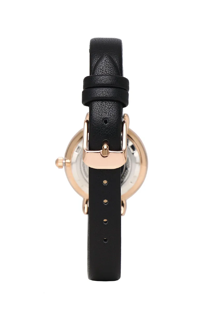 Denise Rose Gold Leather Strap Watch (Black)