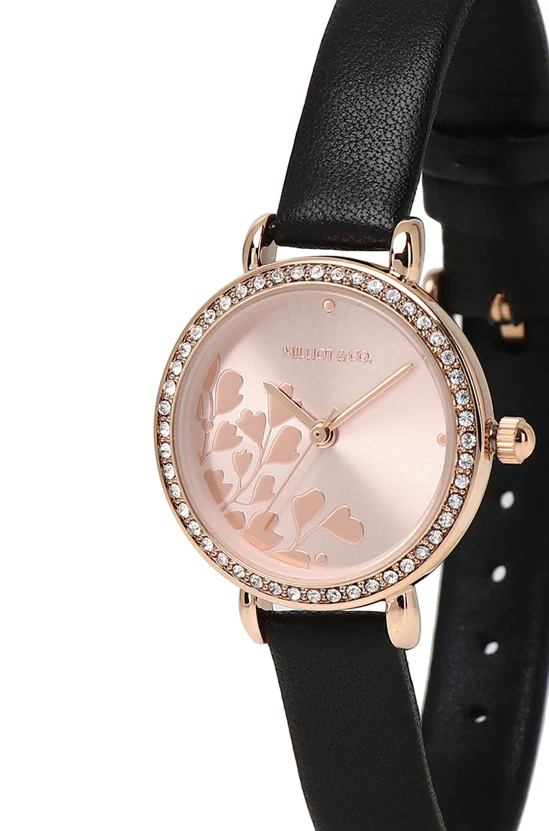 Denise Rose Gold Leather Strap Watch (Black)