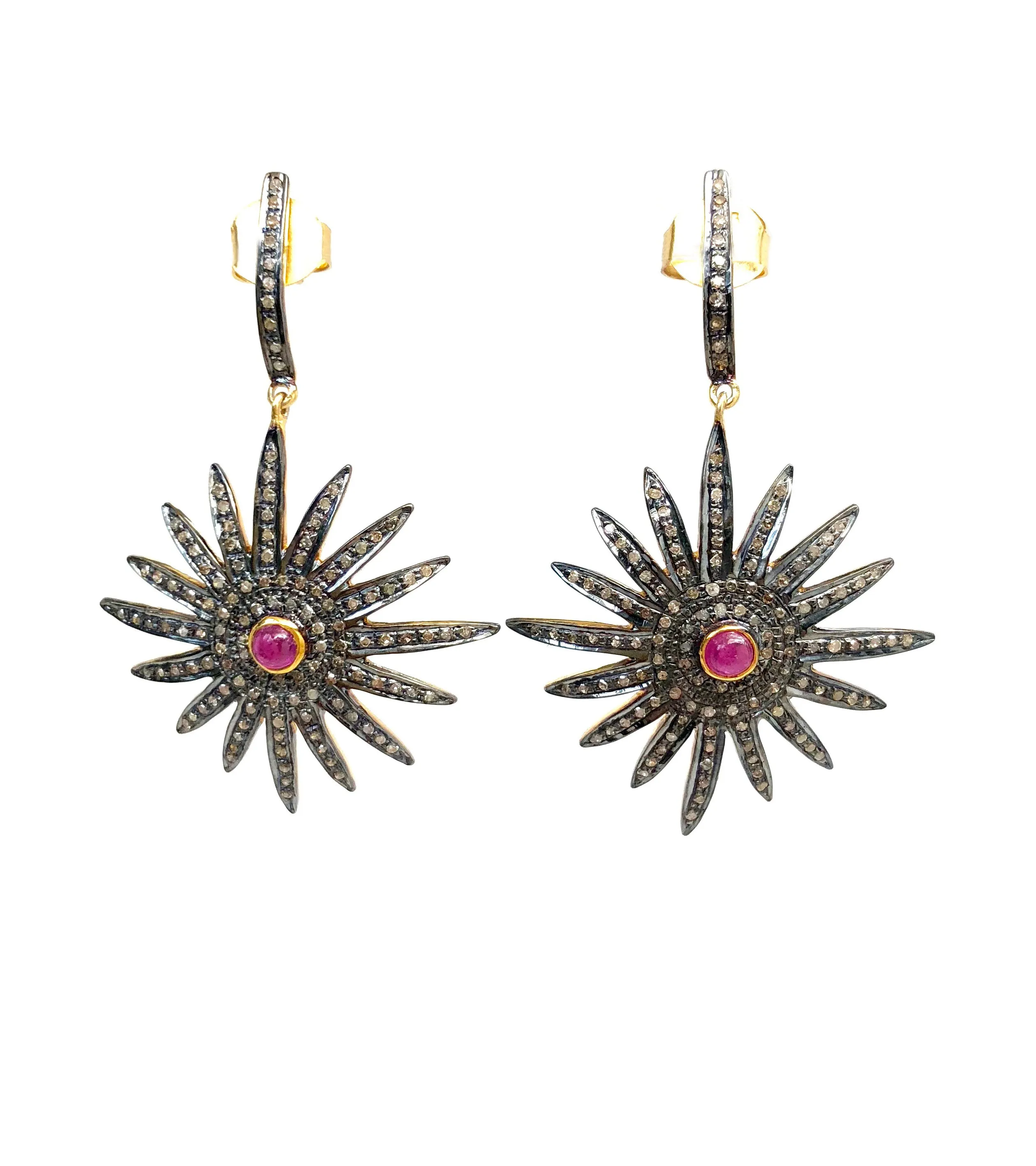 Diamond & Ruby 16-Point Star Earrings