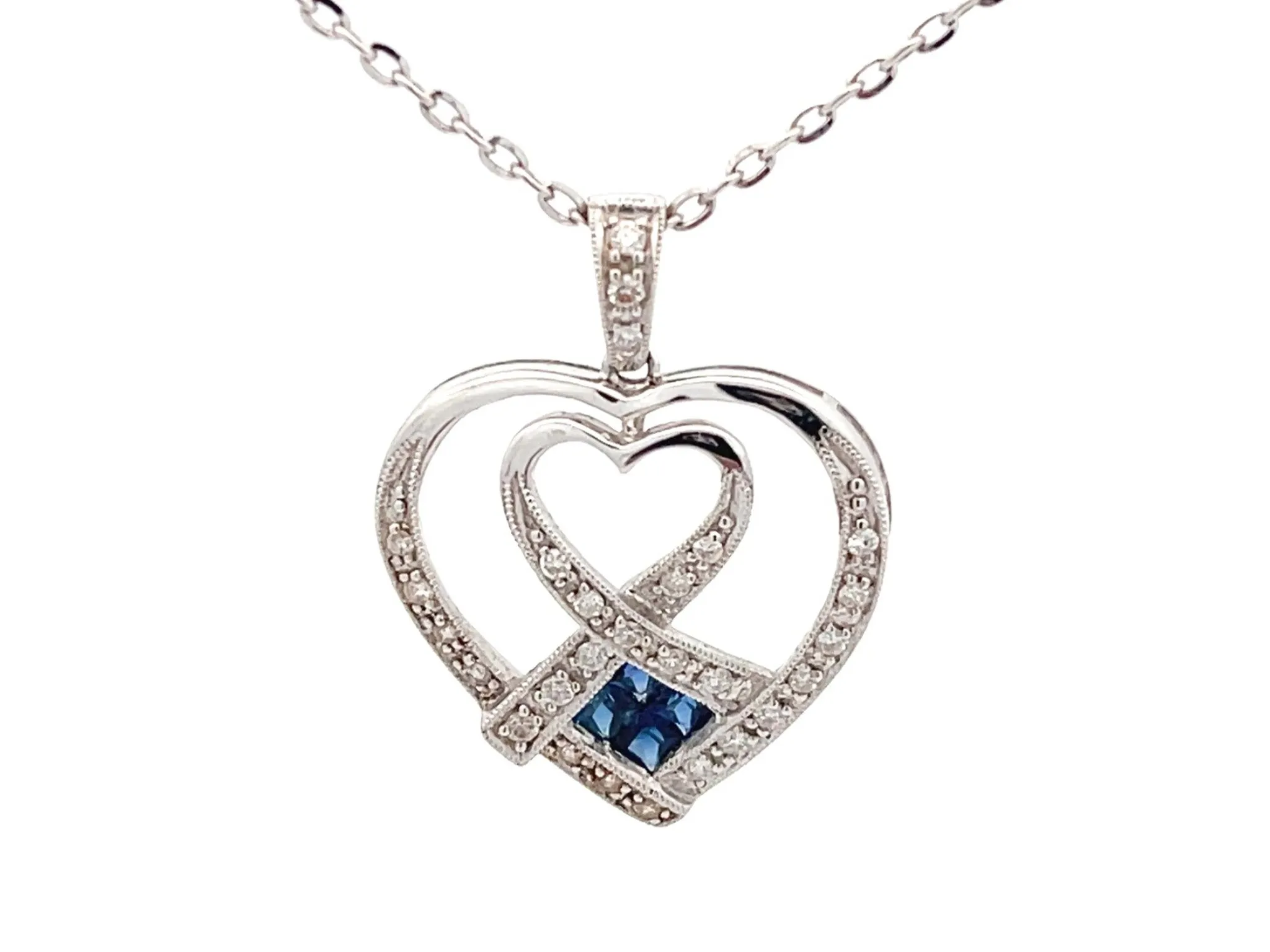 Diamond and Sapphire Heart Necklace in 18k White Gold