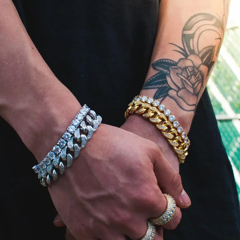 Diamond Cuban Link (12mm)   Tennis Bracelet (6mm) Bundle in White/Yellow Gold