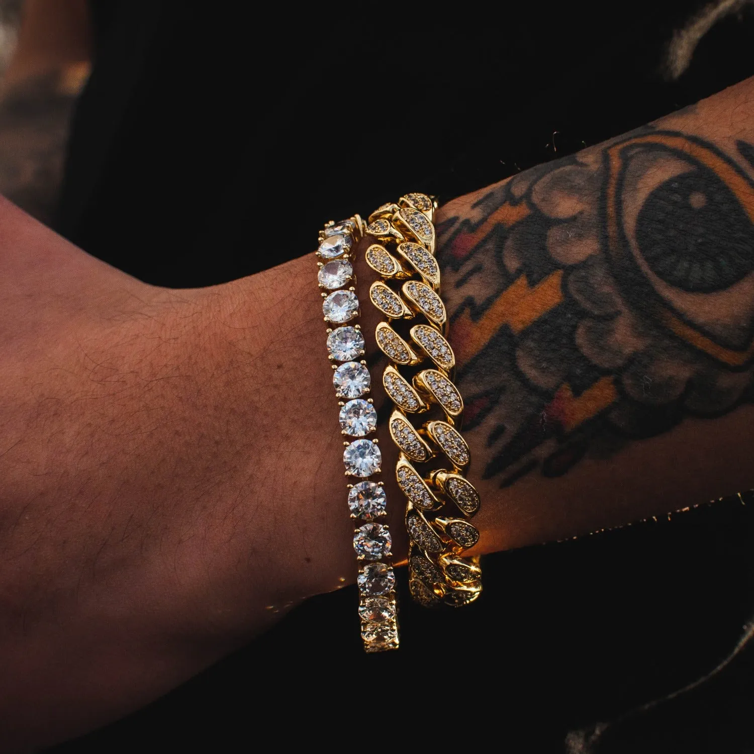 Diamond Cuban Link (12mm)   Tennis Bracelet (6mm) Bundle in White/Yellow Gold