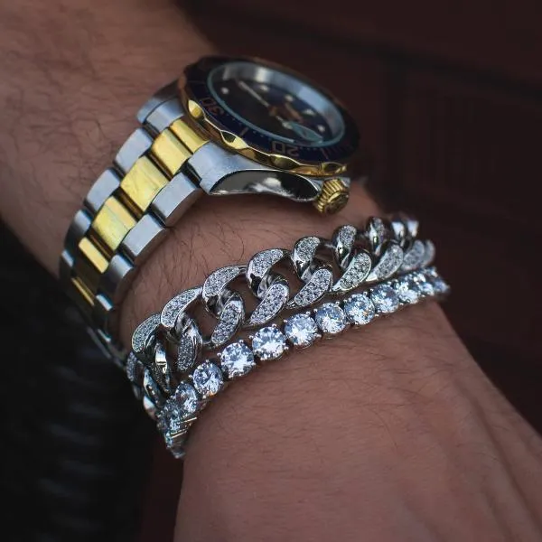 Diamond Cuban Link (12mm)   Tennis Bracelet (6mm) Bundle in White/Yellow Gold