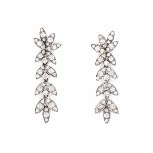 Diamond Fringe Drop Earrings 1.25" Vintage 18k White Gold Foliate Jewelry