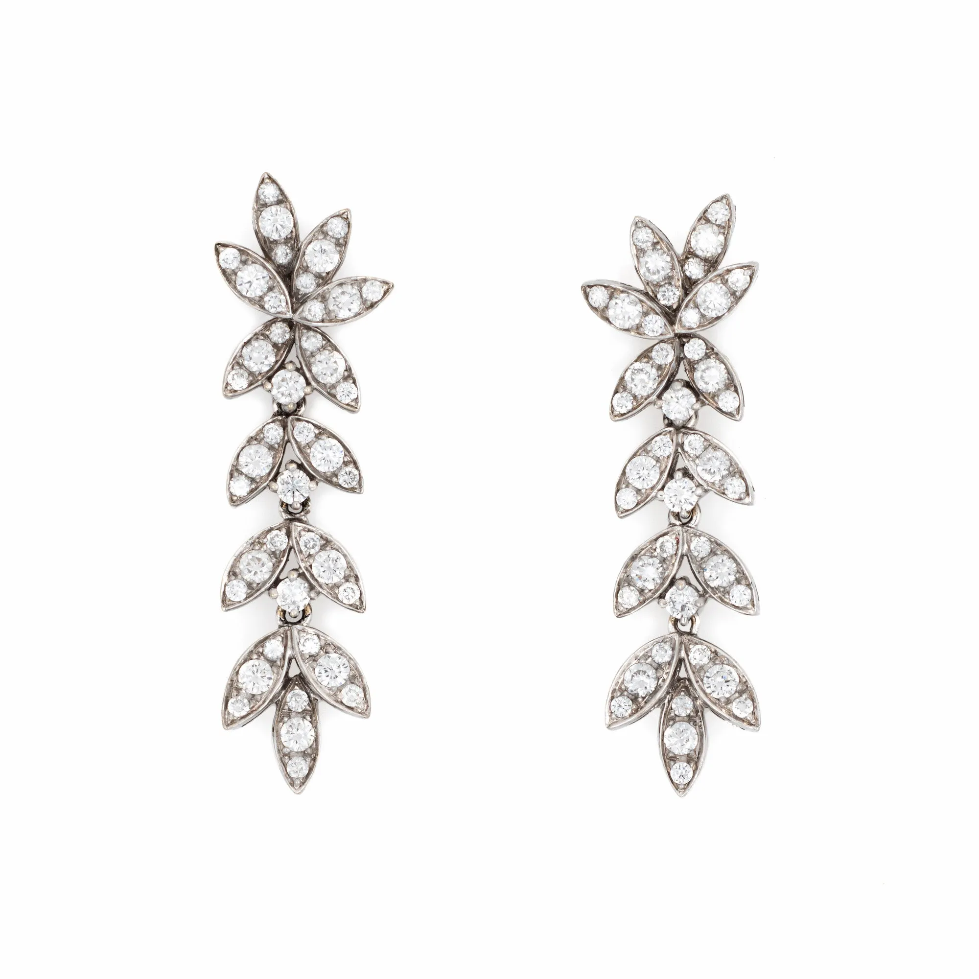 Diamond Fringe Drop Earrings 1.25" Vintage 18k White Gold Foliate Jewelry