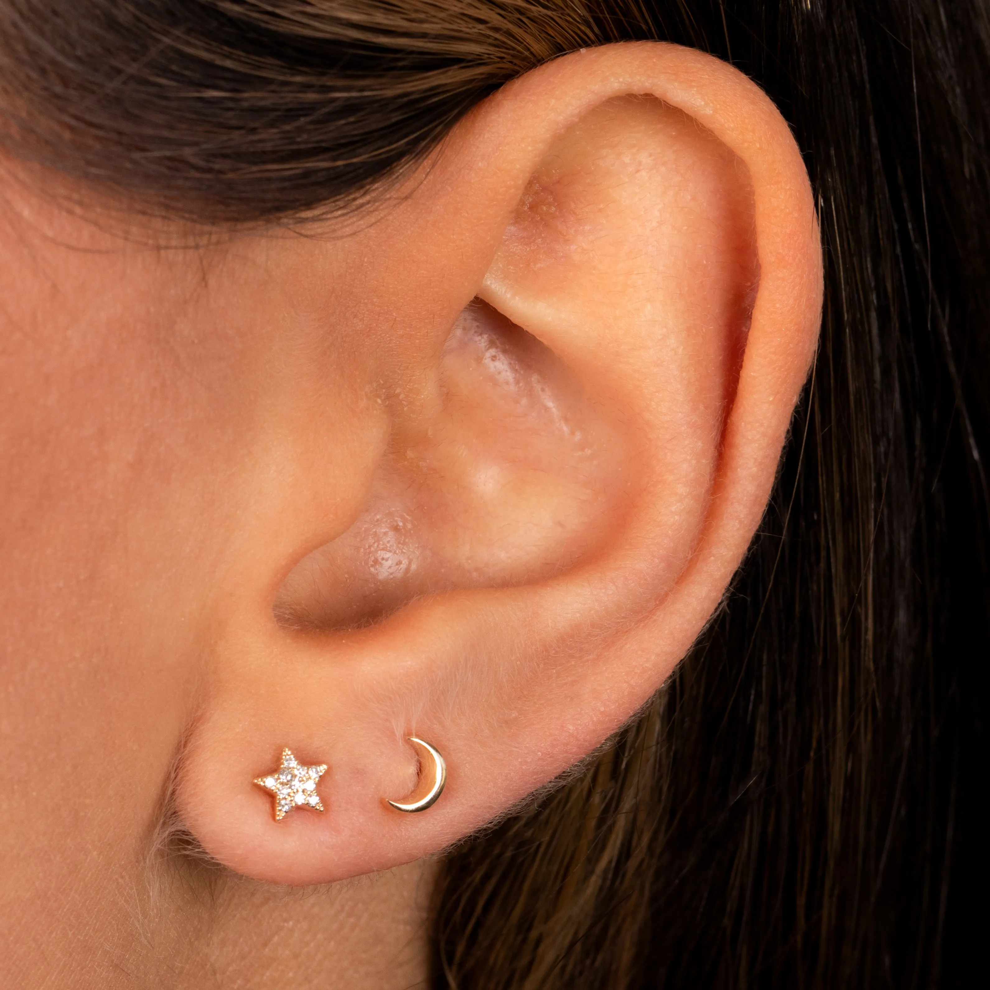 Diamond Pave/Solid Star & Moon Stud Earring 14K