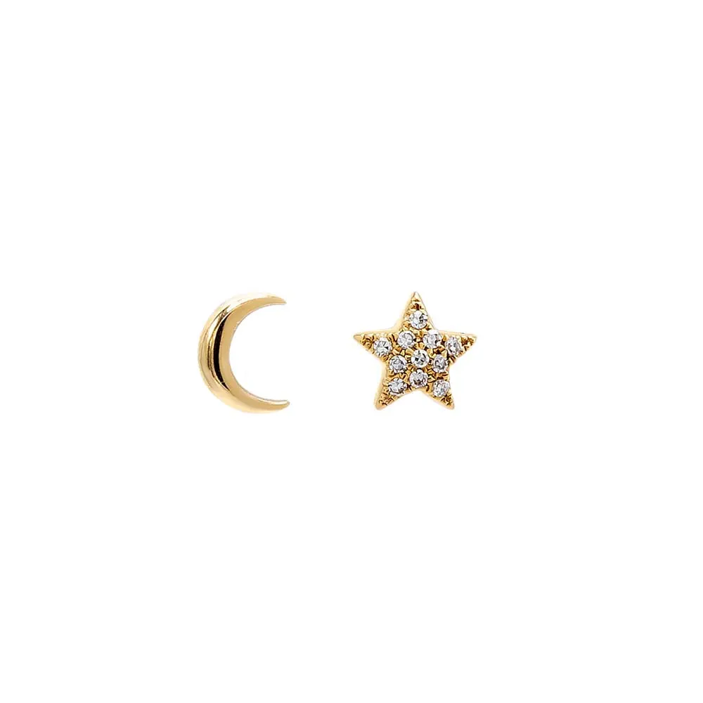 Diamond Pave/Solid Star & Moon Stud Earring 14K