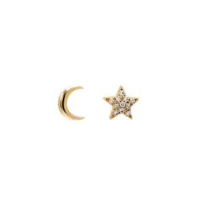 Diamond Pave/Solid Star & Moon Stud Earring 14K