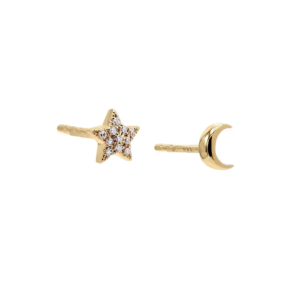 Diamond Pave/Solid Star & Moon Stud Earring 14K