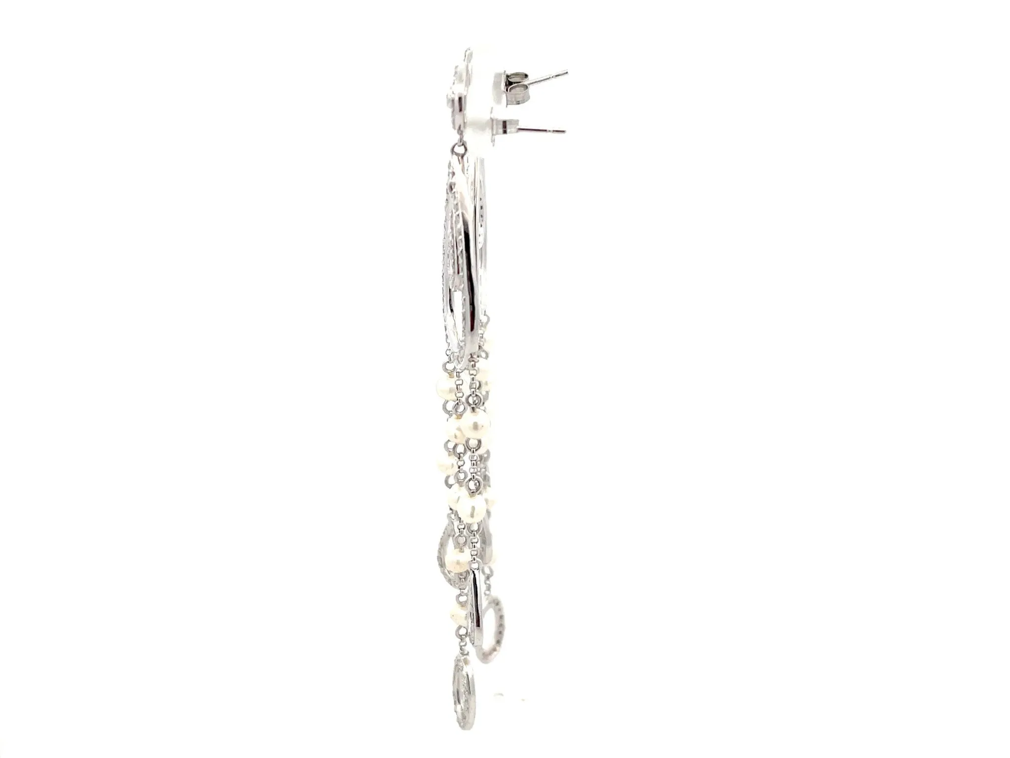 Diamond Pear Shaped Dangly Pearl Drop Earrings in 14k White Gold