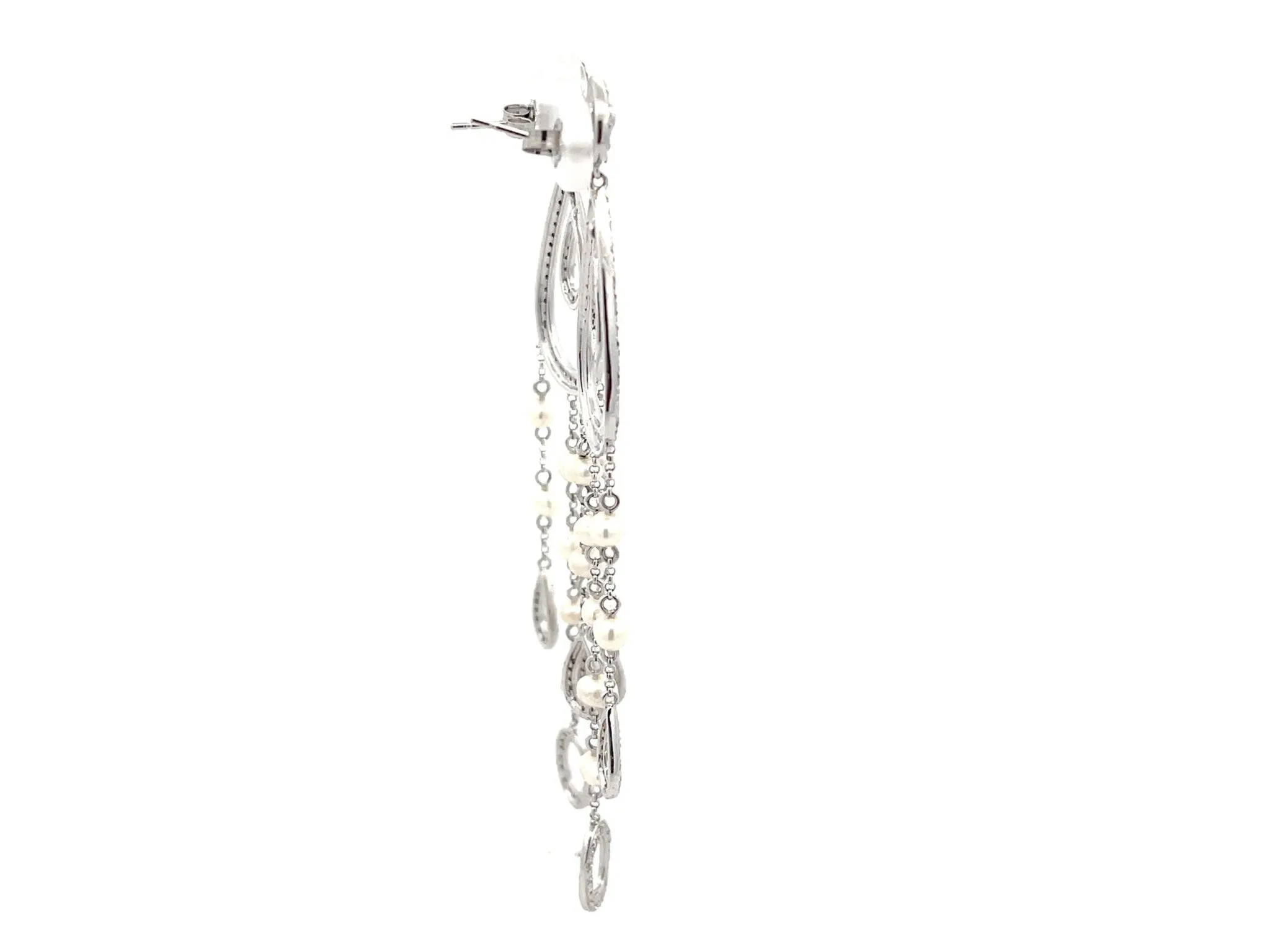 Diamond Pear Shaped Dangly Pearl Drop Earrings in 14k White Gold