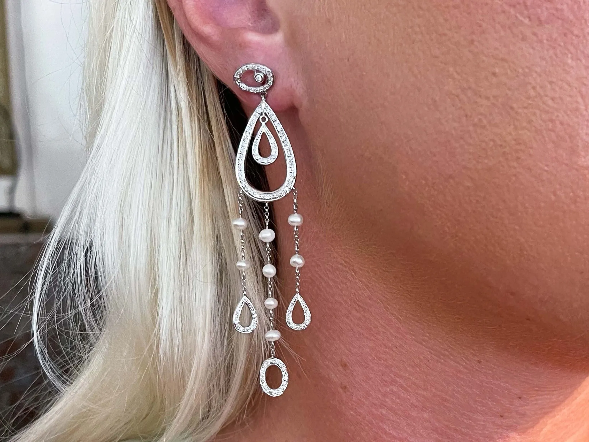 Diamond Pear Shaped Dangly Pearl Drop Earrings in 14k White Gold