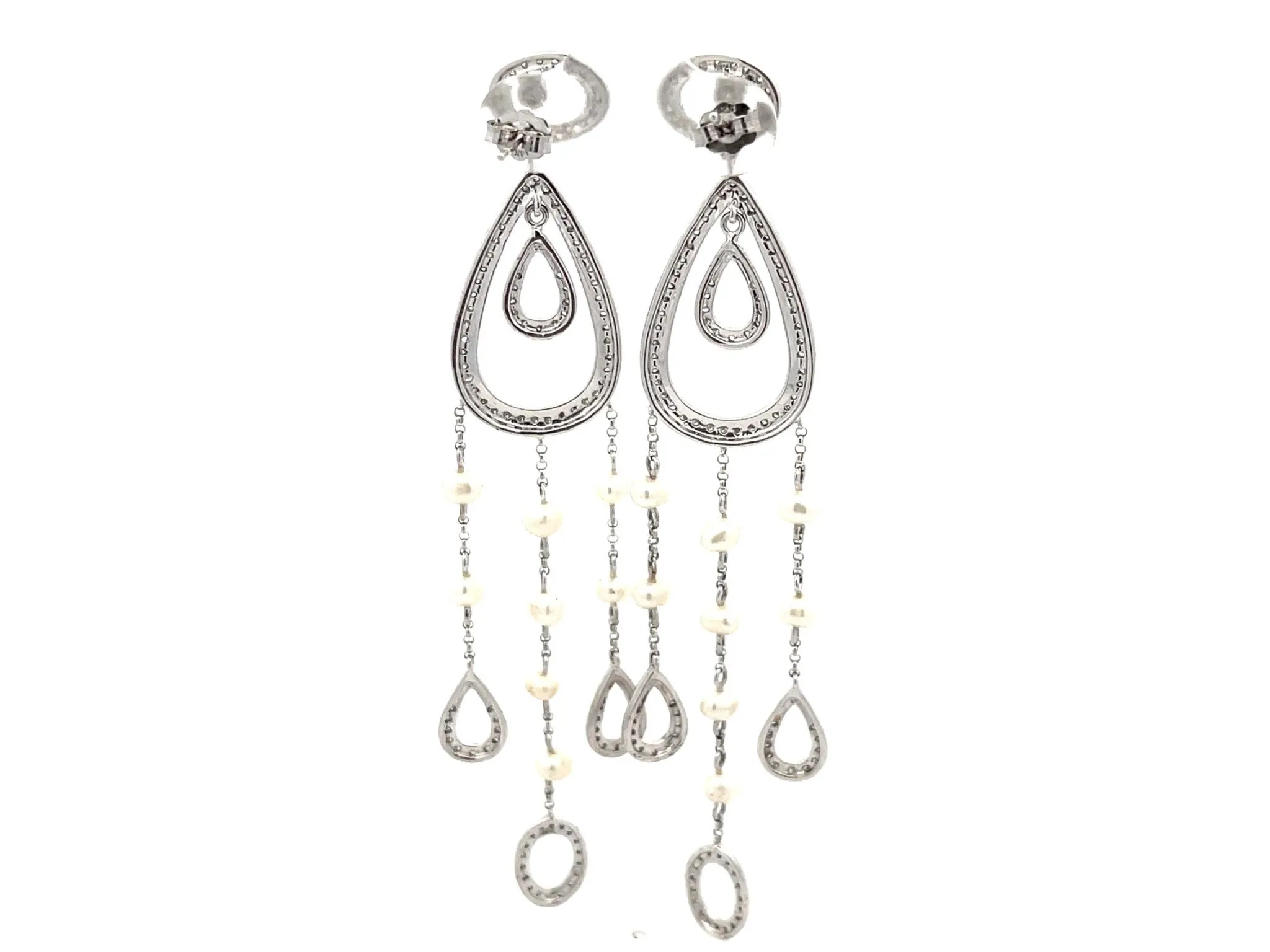Diamond Pear Shaped Dangly Pearl Drop Earrings in 14k White Gold
