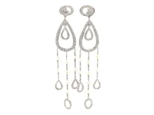 Diamond Pear Shaped Dangly Pearl Drop Earrings in 14k White Gold