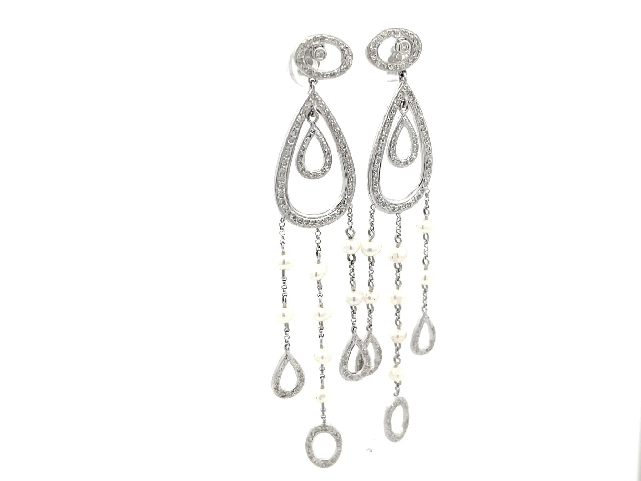 Diamond Pear Shaped Dangly Pearl Drop Earrings in 14k White Gold