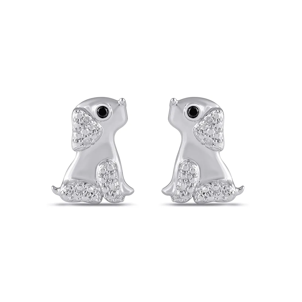 Diamond Set Dog Stud Earrings in Sterling Silver