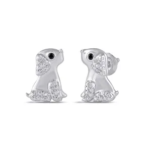 Diamond Set Dog Stud Earrings in Sterling Silver