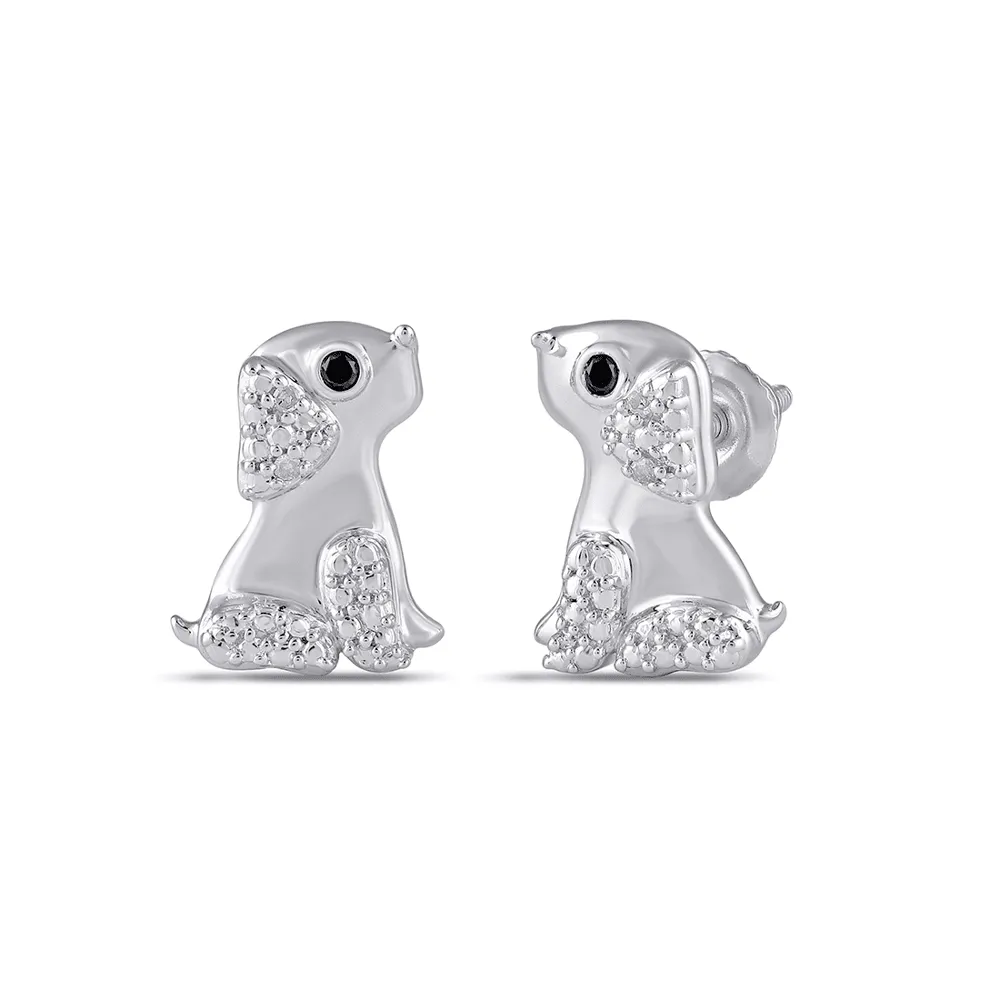 Diamond Set Dog Stud Earrings in Sterling Silver
