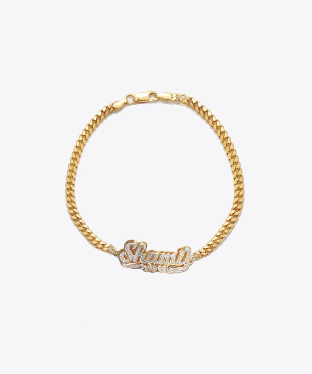 Double Heart Curb Link Script Nameplate Bracelet