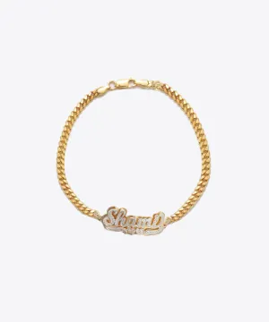 Double Heart Curb Link Script Nameplate Bracelet