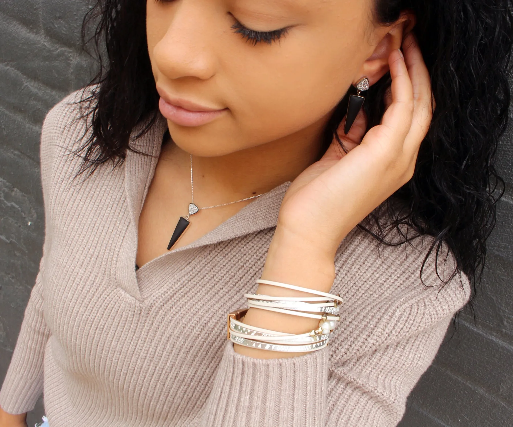Double Triangle Volcanic Obsidian Druzy Necklace