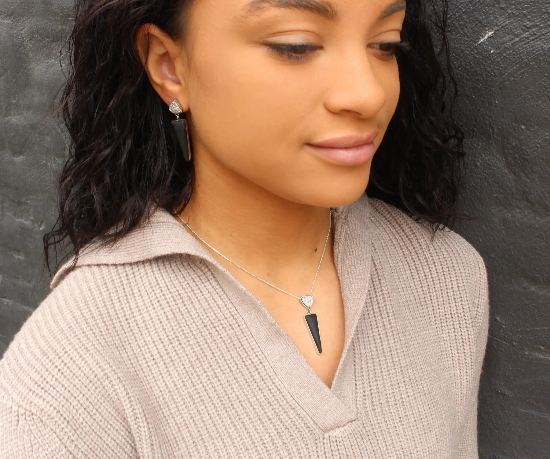 Double Triangle Volcanic Obsidian Druzy Necklace