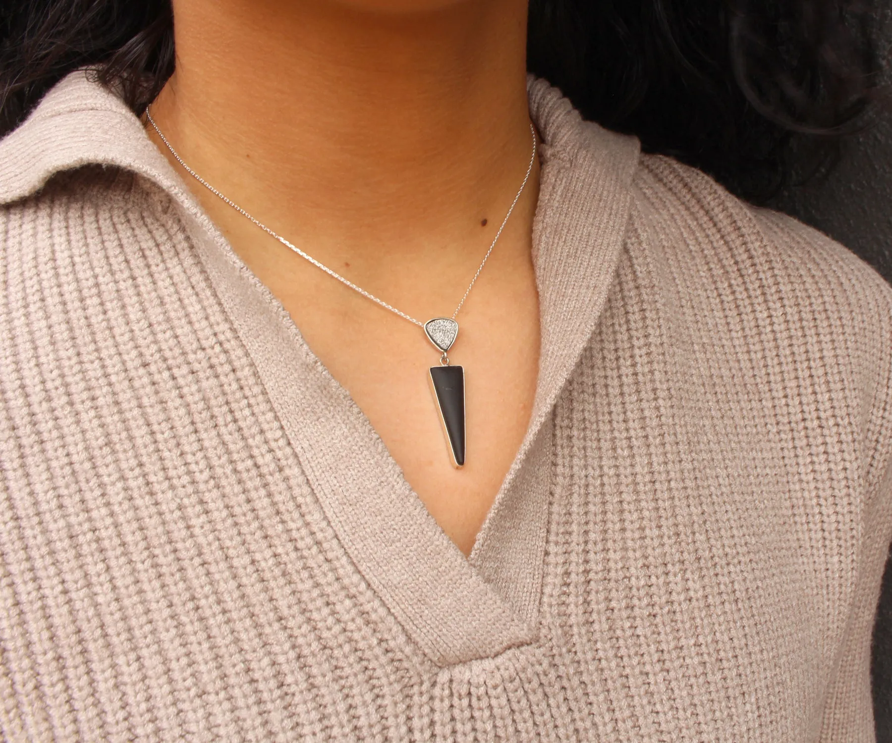 Double Triangle Volcanic Obsidian Druzy Necklace