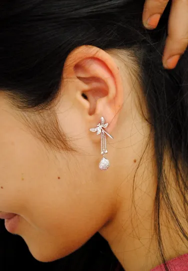 Dragonfly Dangle Earrings in Silver and Natural Diamond, Damselfly Sterling Silver Ear Studs, Spring Insect Jewelry