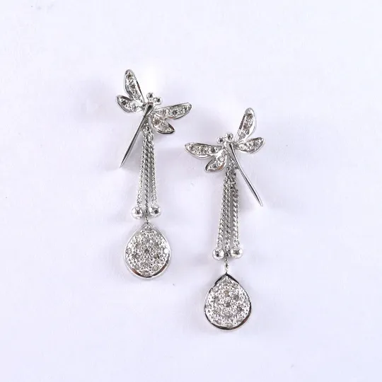 Dragonfly Dangle Earrings in Silver and Natural Diamond, Damselfly Sterling Silver Ear Studs, Spring Insect Jewelry