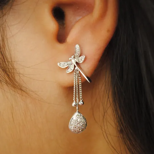 Dragonfly Dangle Earrings in Silver and Natural Diamond, Damselfly Sterling Silver Ear Studs, Spring Insect Jewelry